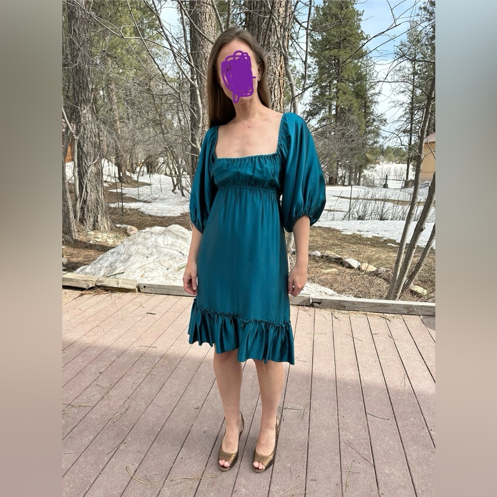 Vintage Betsey Johnson Teal Midi Dress with Ruffle Hem